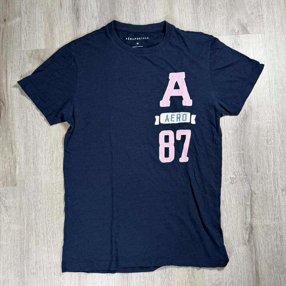 Y2K Aeropostale Navy Blue 'Aero 87' Appliqué Graphic T-Shirt Medium